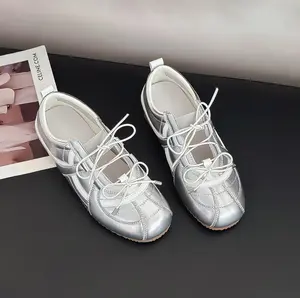 Comfortable lace-up Mary Jane sneakers, retro silver and white ballet flats sneakers for women, lightweight casual walking shoes