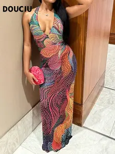 DOUCIU Summer Beach Vacation Yacht Party Street Photography Sexy Thin Printed Mesh Splicing Halter Neck Dress, Women's Fashion Casual Wear
