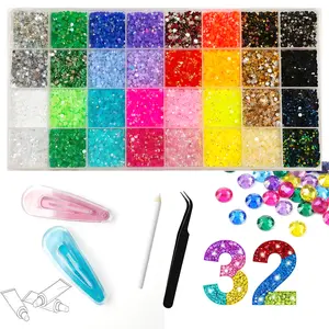 Gem DIY Kit -1 Box 32  colors 36000+pcs Shiny Resin Rhinestones bedazzling kit Set with Tweezers & Pick Up Pen & Clear Hair Clips*2, Perfect for Nail Art, Phone Case Decoration, Cosmetic Decoration & Clothing DIY.rhinestone supplier & nail art supply