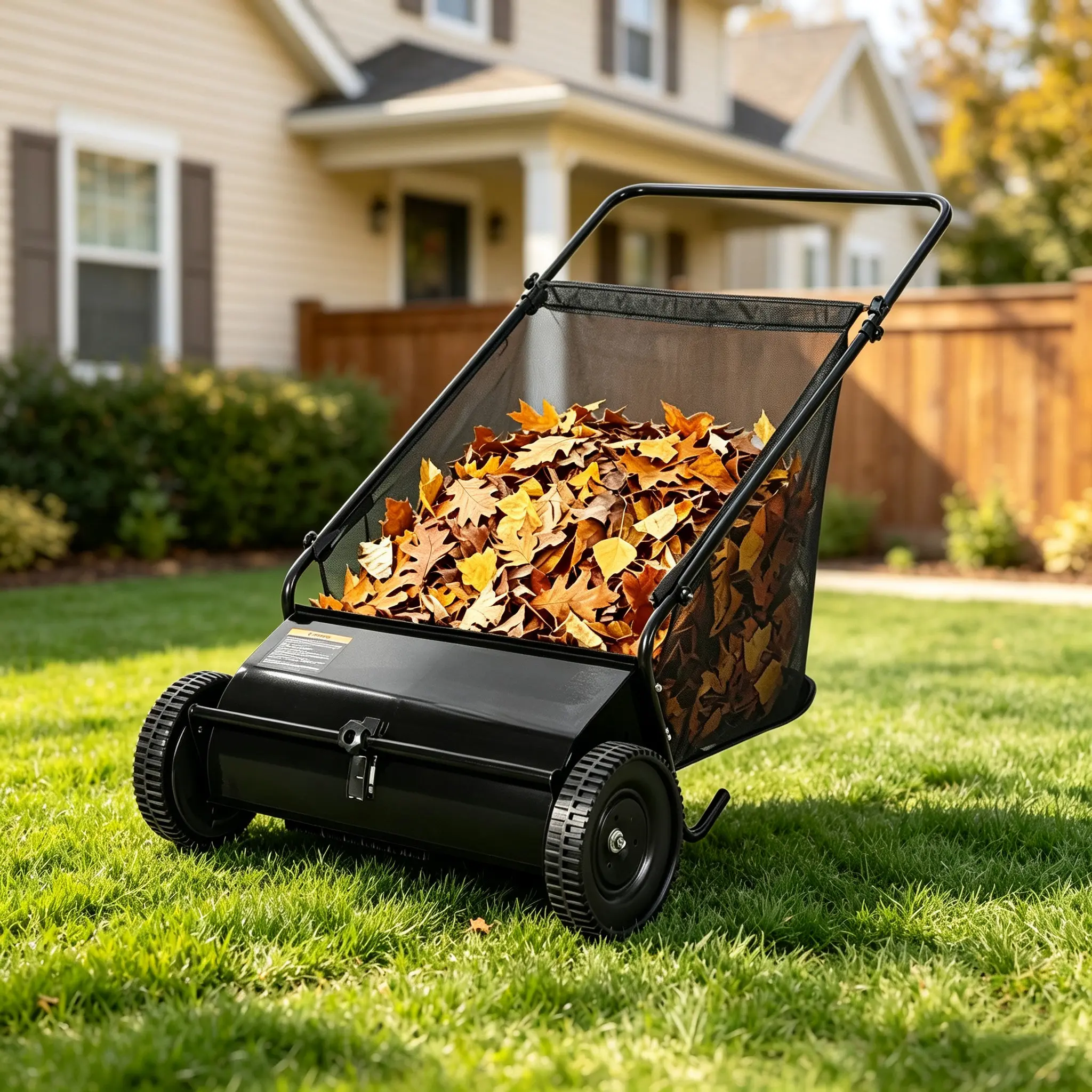 Push Lawn Sweeper with 4 Spinning Brushes, Adjustable Height, Large Hopper Capacity, Durable Steel Frame & Rubber Wheels, Outdoor Cleaner for Leaves and Grass Clippings