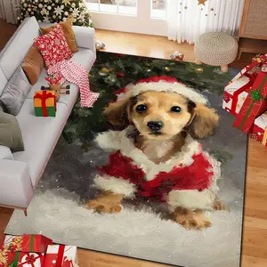 Cute Yellow Dachshund for Christmas Themed Floor Mat, Indoor Non-slip Mat, Machine Washable Doormat, Suitable for Kitchens, Dining Rooms, Bedrooms, Home Décor, and All Seasons. E3Y251119035