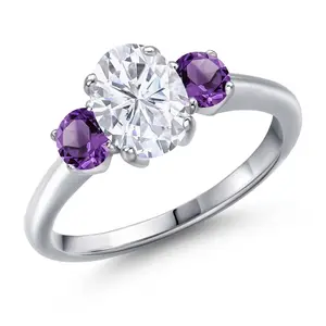 Gem Stone King White Moissanite and Gemstone Birthstone 3-Stone Engagement Ring for Women | 925 Sterling Silver | Oval 8X6MM and Round 4MM | Three Stone Wedding Anniversary Promise Ring