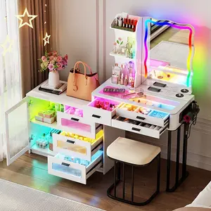Miu Vanity Makeup Set with Irregular  Mirror Lights, Dressing Table with 6 Drawers, Adjustable Lighting, Charging Station, Vanity Makeup Table