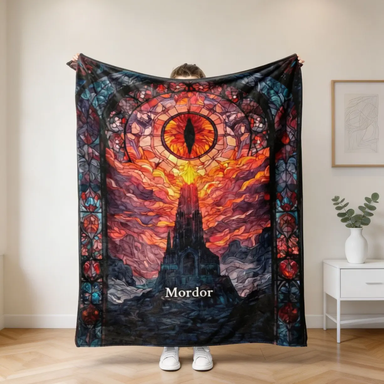 Lord of the Rings Mordor Flannel Fabric Throw Blanket - Eye of Sauron Dark Fantasy, Wrinkle Resistant, Geeky Decor for Movie Rooms, Gaming Spaces, Stained Glass