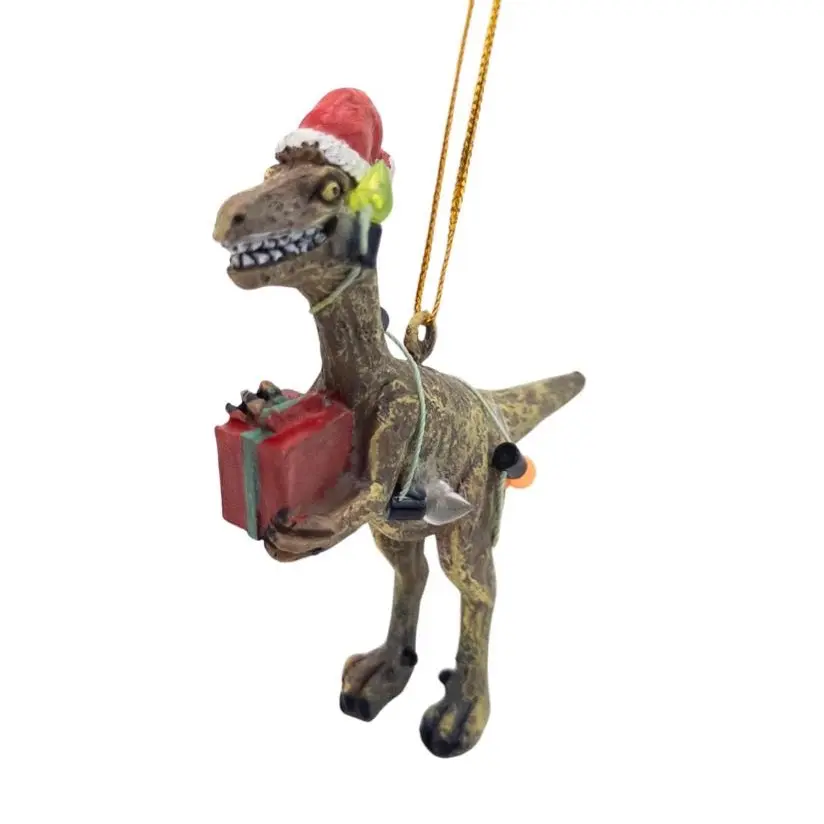 Funny Raptor Dinosaur Wrapped in Lights Christmas Tree Kids Ornament