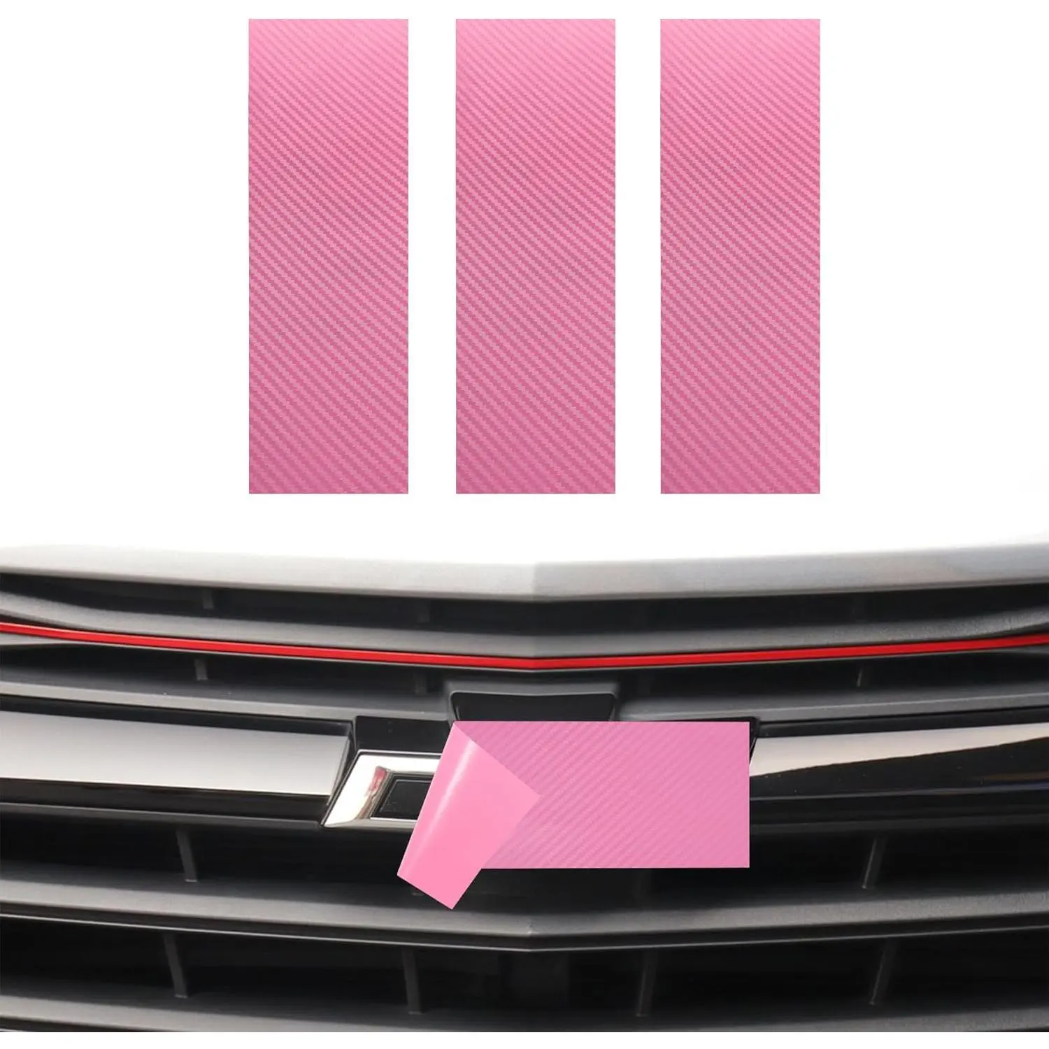 3pcs Free Cutting Vinyl Chevy Bowtie Logo Wrap Stickers, 11.8"x4" Waterproof Car Emblem Overlays, DIY Car Exterior Modification Decals (Pink-Carbon Fiber)