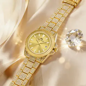 Elegant Women's Full Diamond Watch, Gold Dial Luxury Wristwatch, Versatile & Timeless Design