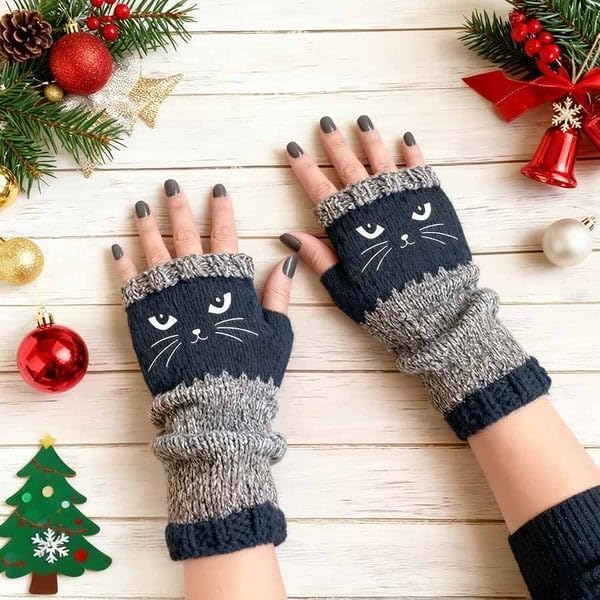 【Buy One Get One Free】Women's knitted fingerless gloves with cute cat embroidery pattern - comfortable and fashionable gloves suitable for casual spring wear