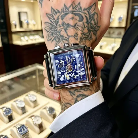 Large Square Watch, Analog Quartz Watch, Fashionable Wristwatch, Fashionable Stylish Watch, Elegant Artistic Design, Genuine Leather Strap, Quartz Movement, Precise Timekeeping, Perfect for All Occasions, Gift Box Included