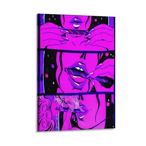 Black Lights Psychedelic Tapestry Cool And Cute Girl Anime Tapestry Aesthetics Purple Tapestry Art Wall Hanging Poster Canvas Poster Bedroom Decor Sports Landscape Office Room Decor Gift Wooden Decoration Frame-.