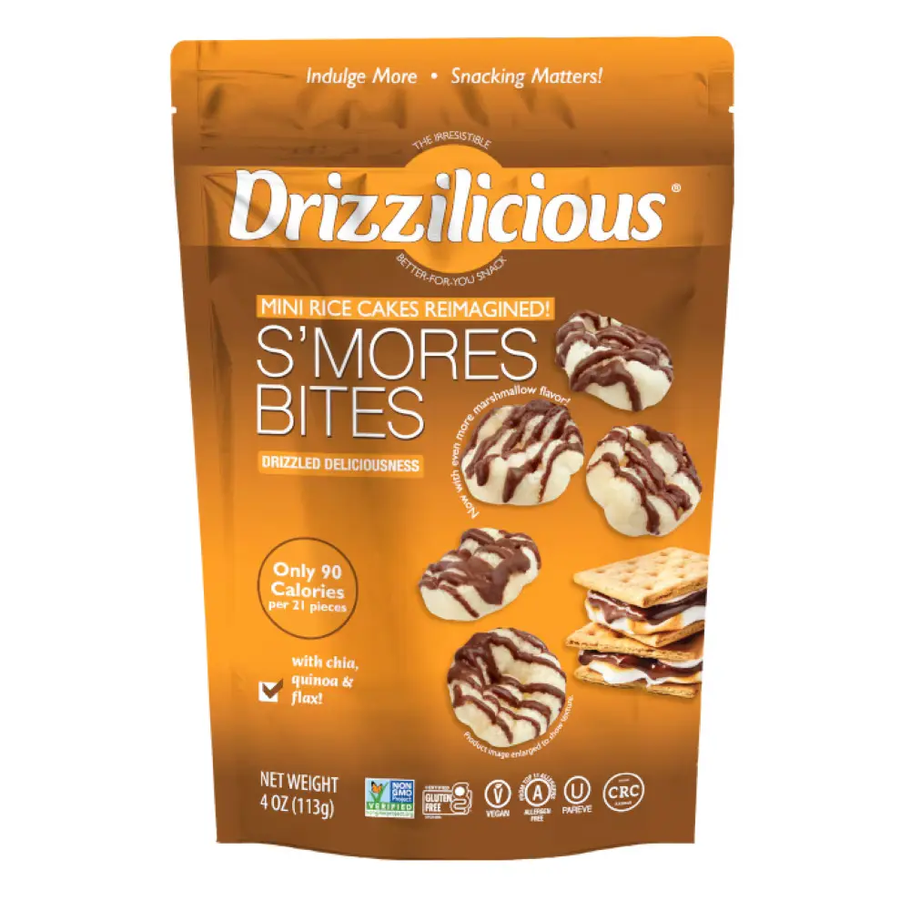 Drizzilicious S’mores Rice Cakes Snack Bites, 4oz Ready-to-Eat Low-Calorie Snacks, 90-Calorie Healthy Dessert Treat