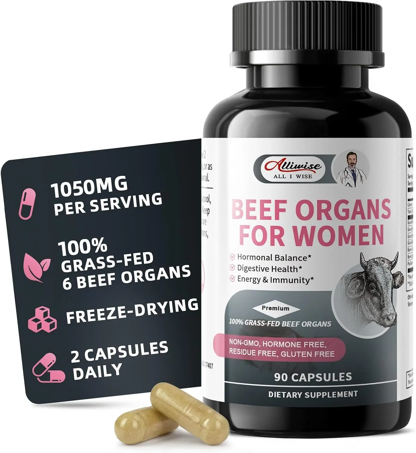 Beef Organ Supplement for Women 100% Grass Fed Beef Organs Complex 90 Count | Supports Female Hormonal Balance, Energy & Overall Wellness, Beef Organs Complex: Liver Heart & 4 More, (2 Capsules Daily)