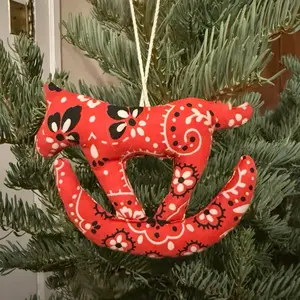 Rocking Horse Ornament - Red with Black and White Floral Design for Christmas Tree Decoration
