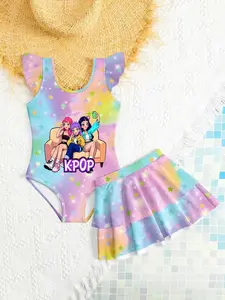 Girls' K-Pop Anime Rainbow Stars Swimsuit Set, Sleeveless One Piece & Pleated Skirt Two-Piece, Boho Style Swimwear