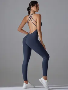 Women's Solid Backless Sports Jumpsuit, Casual Sporty Comfy Breathable Jumpsuit for Yoga Gym Workout, Ladies Sportswear for All Seasons, Skinny Jumpsuit