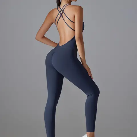 Women's Solid Backless Sports Jumpsuit, Casual Sporty Comfy Breathable Jumpsuit for Yoga Gym Workout, Fitness Outfit, Ladies Sportswear for All Seasons, Skinny Jumpsuit, Activewear Fitness, Stretch Jumpsuit, Workout Jumpsuits, Athletic Jumpsuit