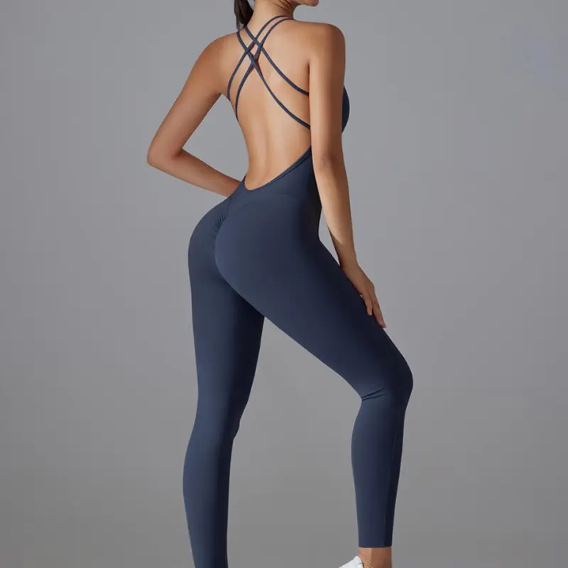 Women's Solid Backless Sports Jumpsuit, Casual Sporty Comfy Breathable Jumpsuit for Yoga Gym Workout, Fitness Outfit, Ladies Sportswear for All Seasons, Skinny Jumpsuit, Activewear Fitness, Stretch Jumpsuit, Workout Jumpsuits, Athletic Jumpsuit