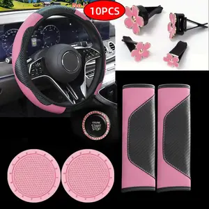 10-Piece Car Interior Accessories Set, Steering Wheel Cover, Seat Belt Pad, Air Vent Clip, Cup Holder, Start Button Decor, Perfect Gift