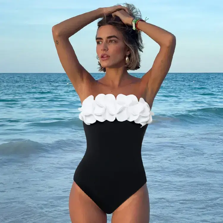 Women's 3D Flower Bandeau One-Piece Swimsuit & Skirt Set - Black & White Two Piece Bathing Suit for Stylish Beach & Vacation Women's 3D Flower Bandeau One-Piece Swimsuit & Skirt Set - Black & White Two Piece Bathing Suit for Stylish Beach & Vacation