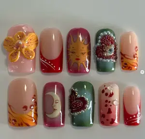 Celestial Romance Press On Nails | Sun & Moon Faces,Sacred Heart, Flame Petals & Pearls | Mystical Red-Green Nail Art with Bold Vintage Vibe