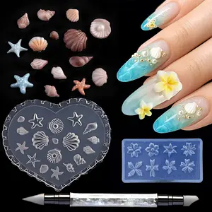 Furtherpretty Nail Art Silicone Molds Set, 3pcs 3D Plumeria Flower & Ocean Seashell Molds, DIY Manicure Tools, Clear Nail Charms