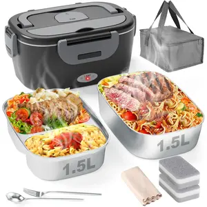 Electric Lunch Box for Men, Women & Adults - 80W Fast Heating - Heated Lunch Box with Dual 1.5L SS Containers - Portable Food Warmer for Car, Truck, Office