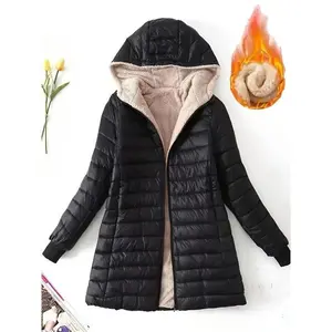 Women's Elegant Fleece Thickened Hooded Mid-Length Coat - Slim Fit Zipper Winter Overcoat, Machine Washable Black Cold-Proof Outerwear, Suitable for Cold Weather Long Sleeve Polyester Plus Size Puffer Fabric Women's Wear Medium Printed   Elegance Jackets