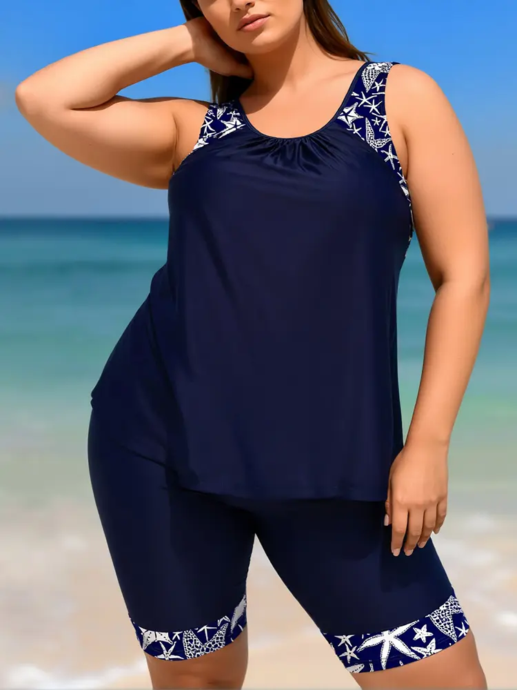 Women's Plus Size 2-Piece Bandeau Tankini Set, Navy Starfish Print Modest Swimsuit with Shorts, Full Coverage, Anti-UV Sun Protection, Removable Pads, Polyamide Blend, Machine Wash, Beach Style Women's Tankinis Set, Anti-Uv Women's Tankinis Set
