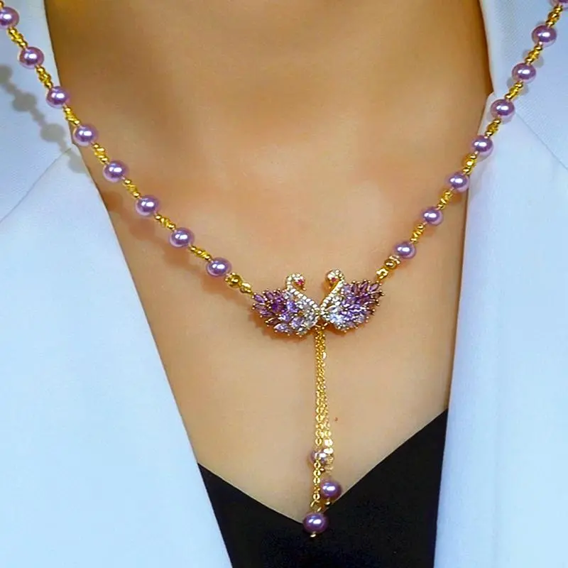Luxury Purple Swan Necklace 14K Gold Plated Sparkling Crystal Pendant Chic Minimalist Elegant Collarbone Chain Perfect for Cheongsam Dress Statement Piece