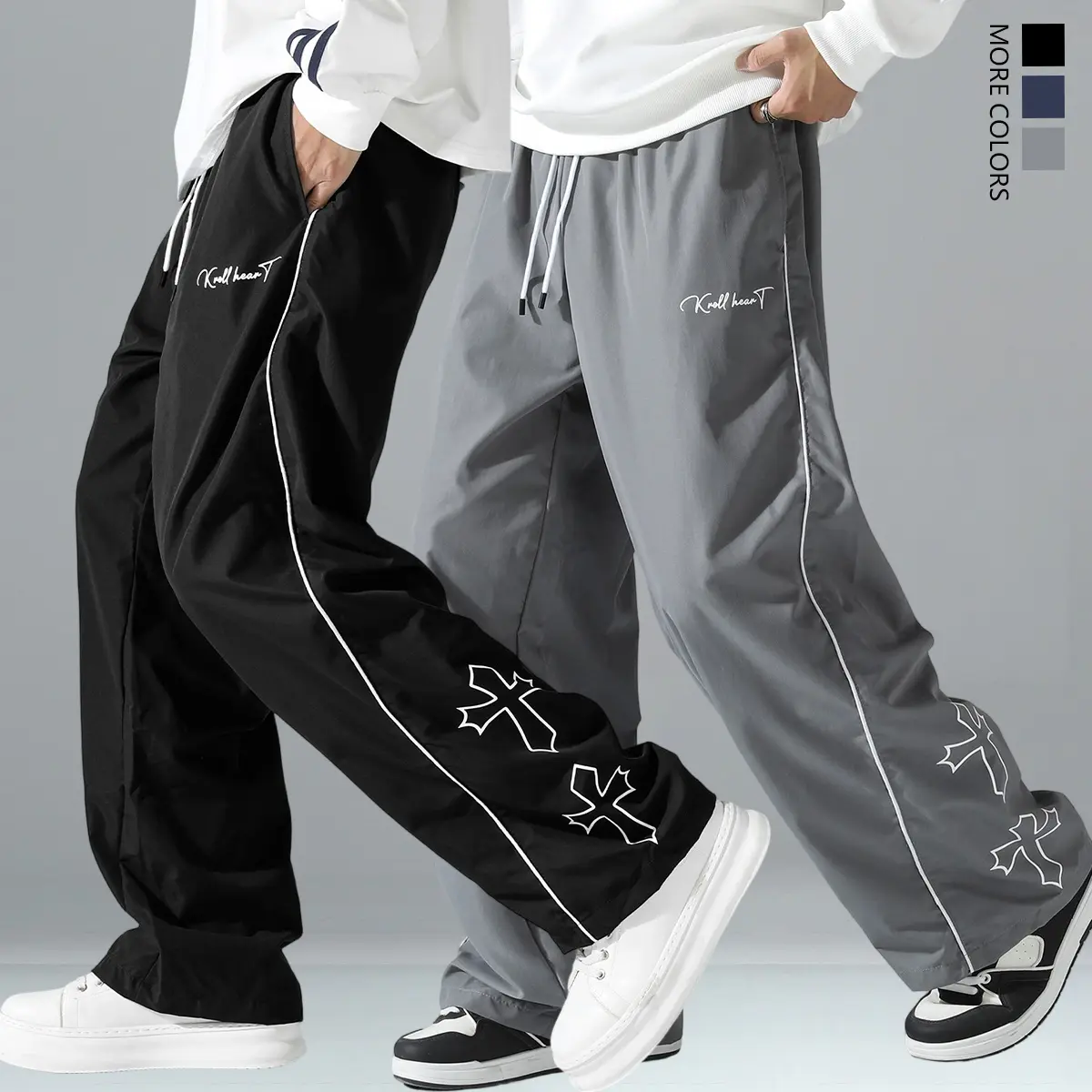 2PCS Men's Letter Embroidery Wide Leg Track Pants, Side White Piping Cross Print Casual Sweatpants, Elastic Drawstring Waist Loose Trousers with Pockets for Streetwear, Fitness & Daily Casual Outfits,summerwins,travel essentials,camping essentials