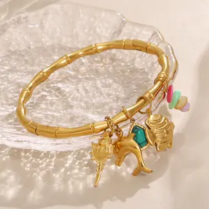 Mermaidcore Ocean Charm Bracelet, 18K Gold Chunky Bamboo Bangle with Sea Animal Shell Pendants & Colorful Stones, Coastal Summer Beach Jewelry Y2K Aesthetic Gift for Women Besties