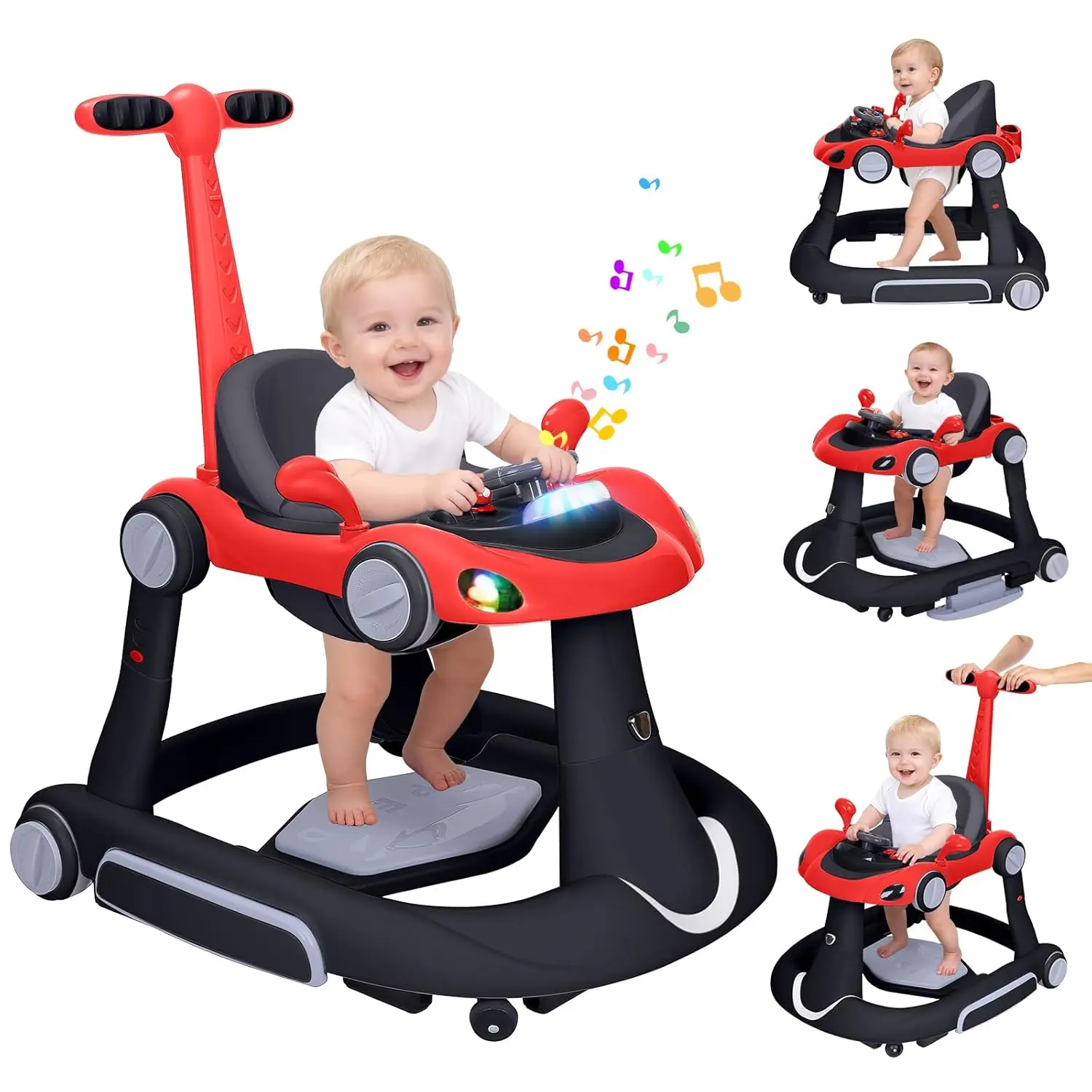 Lerrutue Baby Walker, 4-in-1 Baby Walker with Wheels Portable, Foldable Infant Toddler Walker for Boys Girls 6-18 Month,Removable Footrest,Car Steering Wheel & Music, Adjustable Push Walker