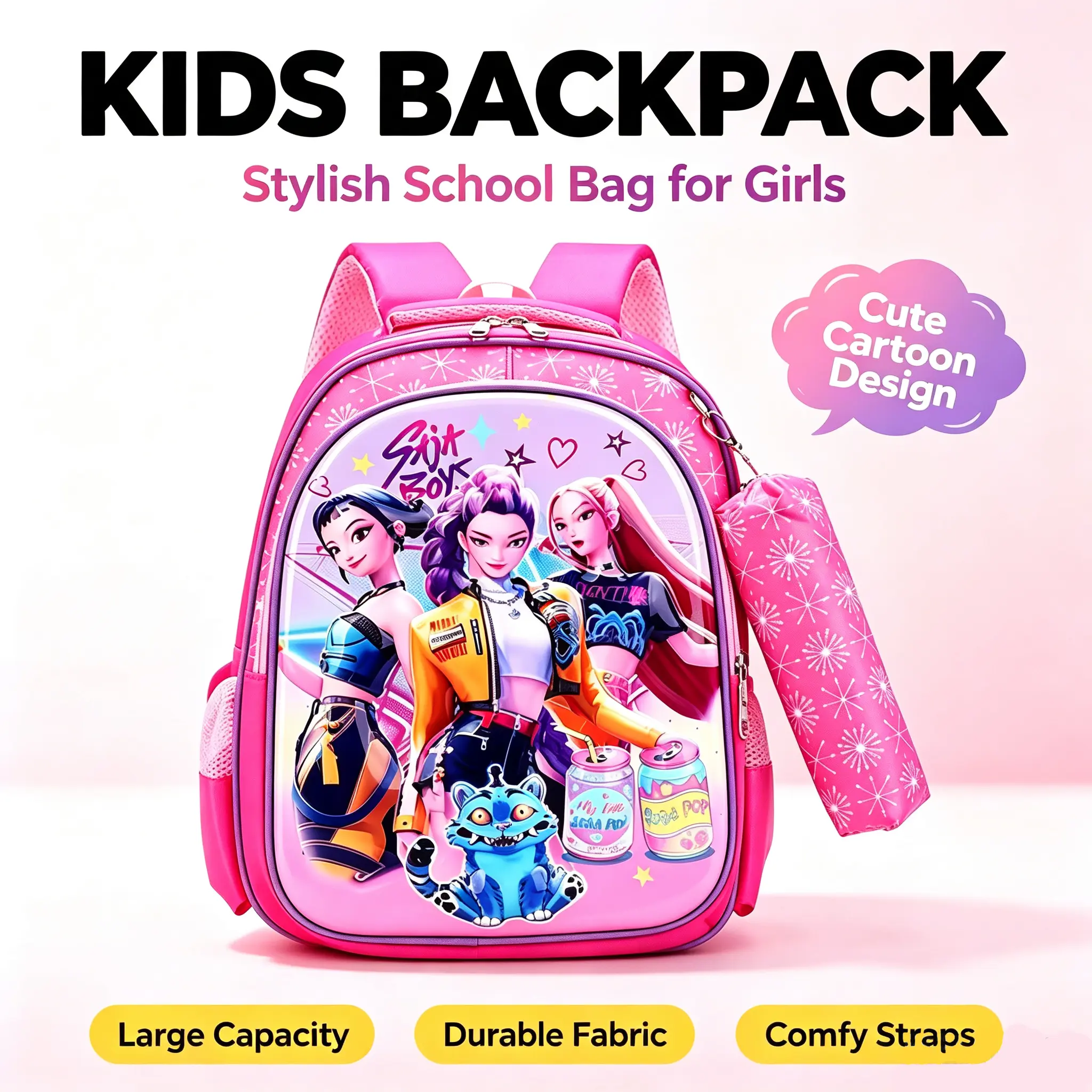 3D K-pop Devil Hunter Backpack (with pencil case) - A must-have for back-to-school season, this cute cartoon backpack is the perfect gift for your child.