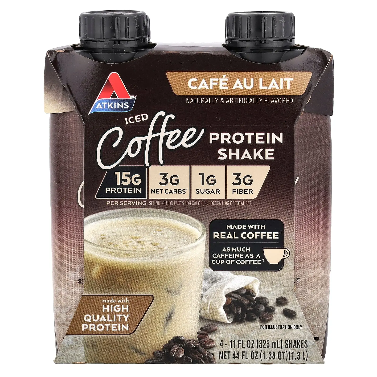 Atkins Iced Coffee Protein Shake, Cafe Au Lait, 4 Shakes, 11 fl oz (325 ml) Each