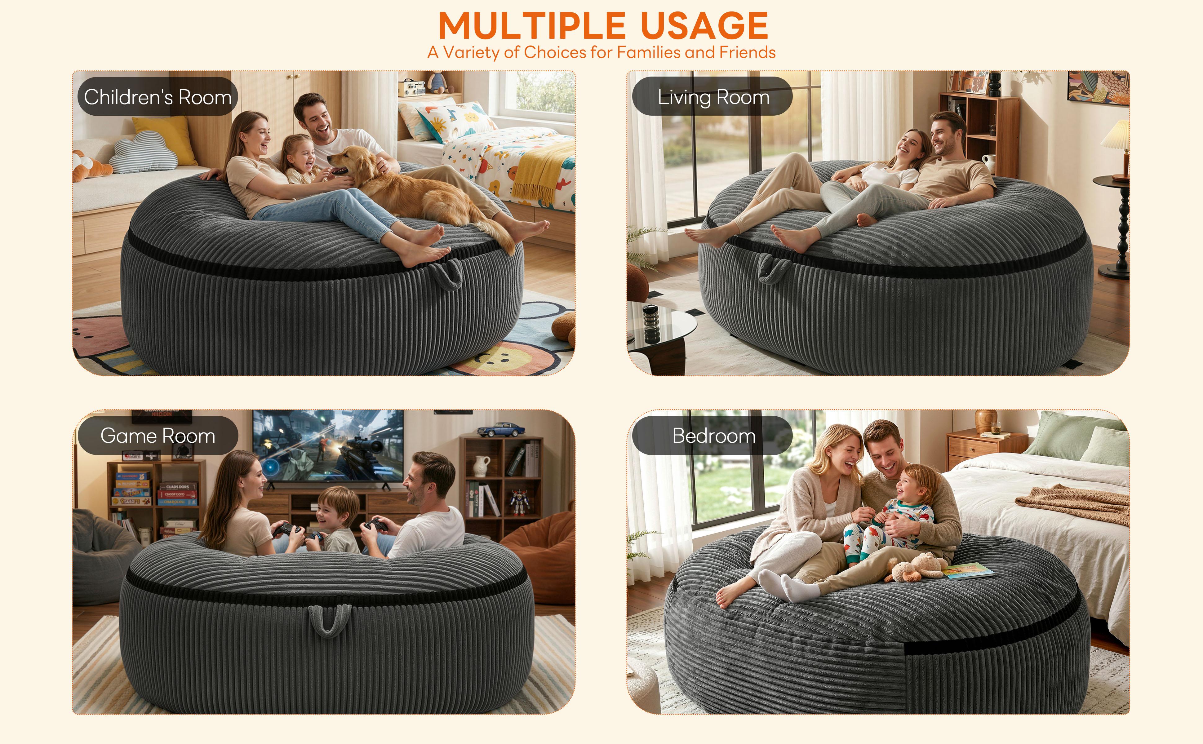 LIKIMIO 5/8FT Bean Bag Chairs with Machine Washable Removeable Flannel Cover & Memory Foam Filling, Large Giant Beanbag for Adults for Living Room, Bedroom (Grey)