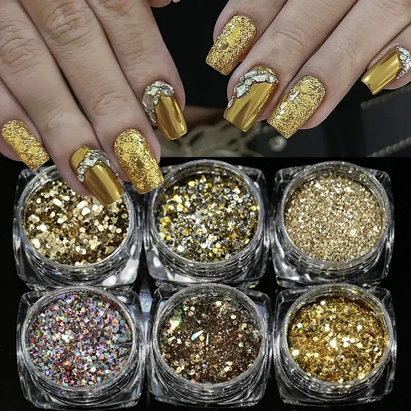 6Box/Set Champagne Gold Mixed Nail Glitter Powder Shiny Holographic Ultrathin Sequins Chunky Nail Glitter DIY Nail Art Decoration
