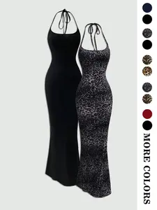 Summer Backless Halter Long Dress Set, Elegant Slim-Fitting Design, Plain Leopard Pattern, Perfect for Warm Weather, Womenswear