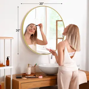 Large Gold Round Vanity Framed Mirror for Wall Matte Metal Framed 30 Inch Modern Mirror Tempered Glass Bedroom Living Room