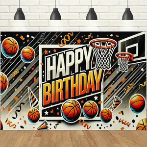 1pc 2D Basketball Birthday Theme Banner, Orange-Black Balls & Hoops, Energetic Dynamic & Sporty Vibe, Perfect for Basketball Themed Birthdays, Sports Enthusiast Gatherings & School Events Decor Backdrop