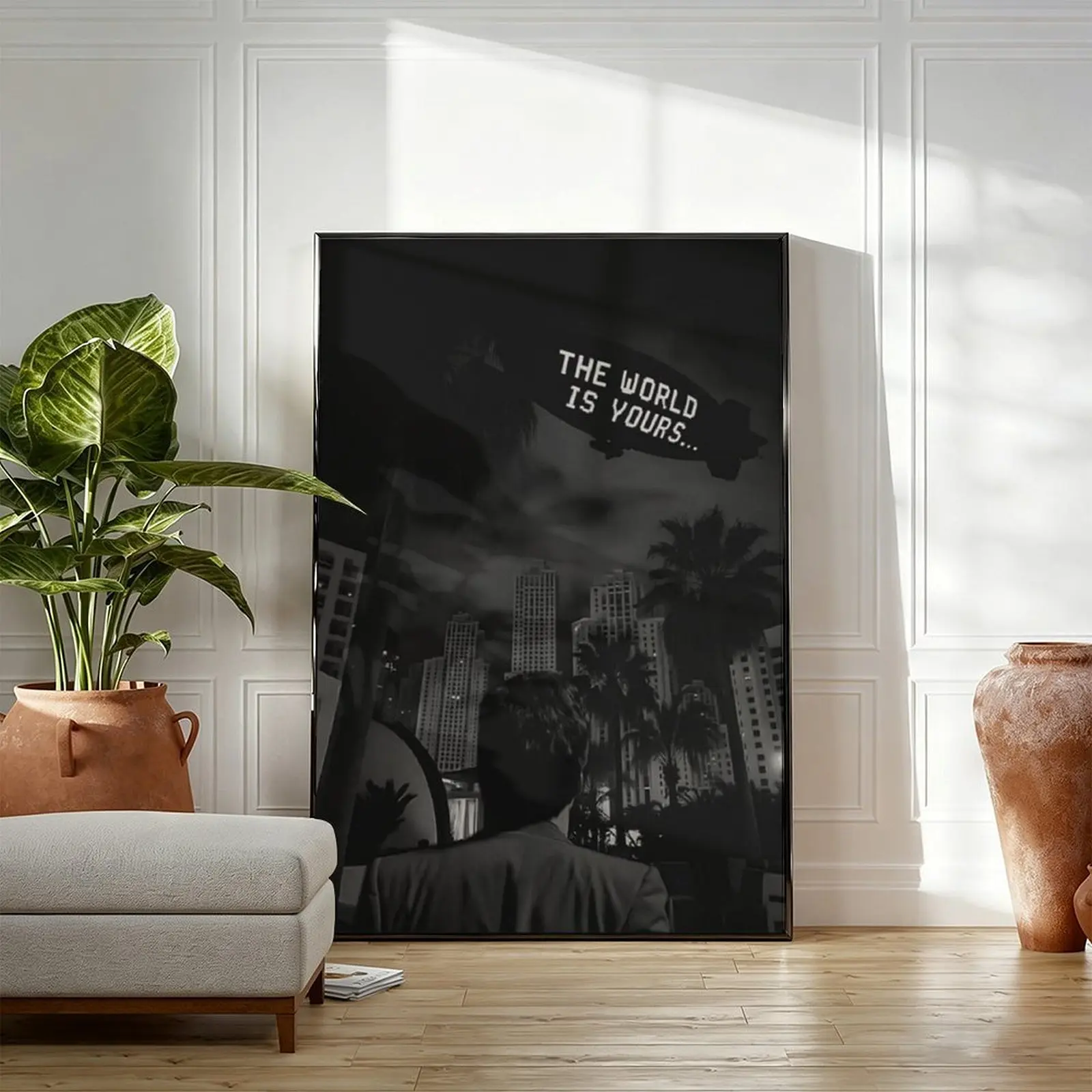 Scarface The World Is Yours Canvas Wall Art - Tony Montana Blimp Black White Movie Poster, Classic Gangster Film Quote Print, Art Wall Decor for Man Cave Office