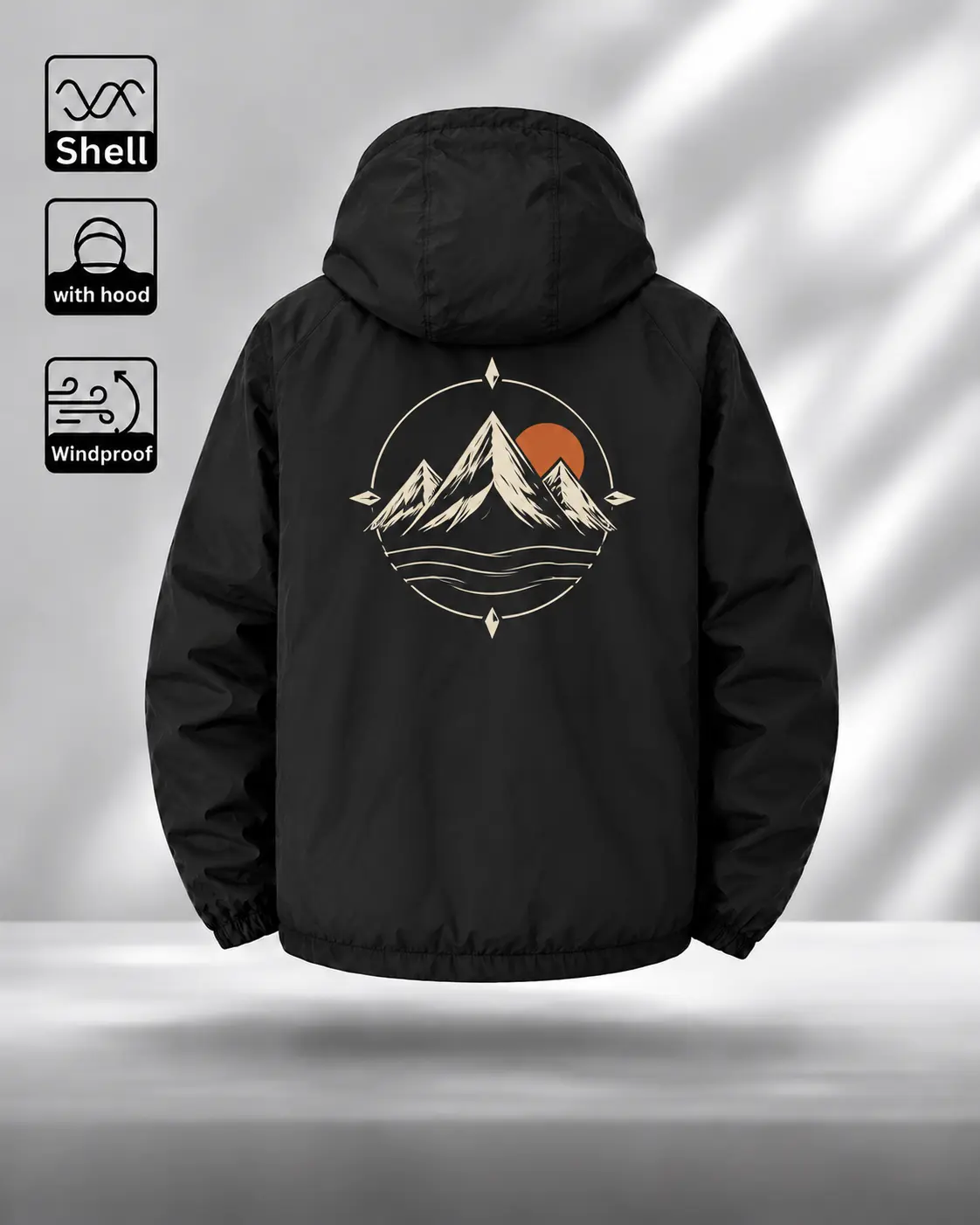 Mountain Compass Graphic Windbreaker Jacket, Hooded Zip-Up Shell with Alpine Front and Back Print, Nature-Inspired Style