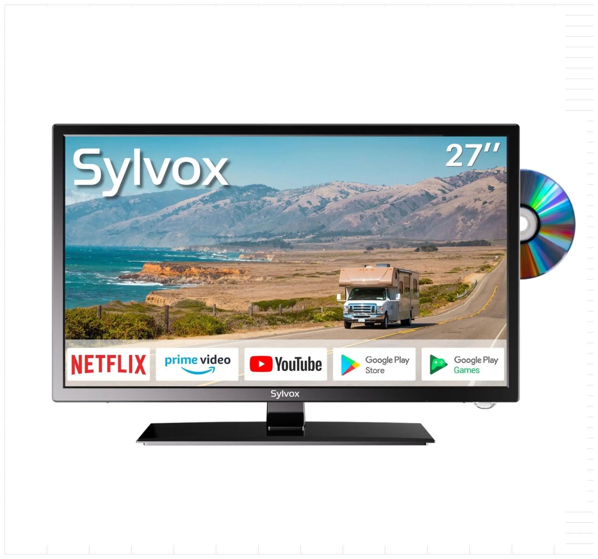 SYLVOX RV TV, 12 Volt Television, Smart Google TV, DVD Built-in, 178° Wide Viewing, HDMI & USB Ports, AC/DC, Wide Voltage Protection, Trailer Seies