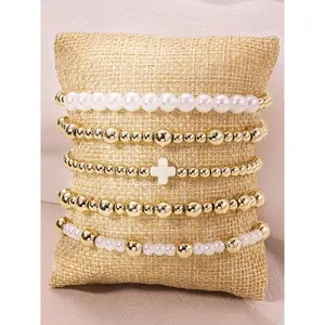 Boho Style Faux Pearl Decorated Bracelet Set, Fashion Cross Charm Beaded Bracelet for Women & Men, Trendy All-match & Exquisite Jewelry for Birthday Gift, Stackable Bracelets