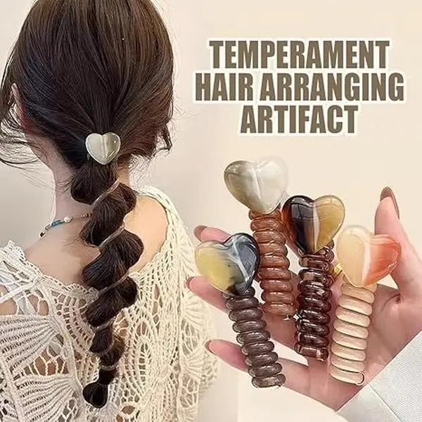 【FaddishDeal】4PCS Heart-shaped Spiral Hair Coils - Colorful Telephone Line Design, Crease-free Elastic Tie Band, Thick & Thin Hair Fit, Fixed Rope Accessory for TikTok Hairwraps