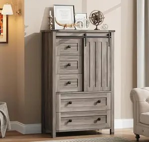 Farmhouse 5 Drawer Dresser for Bedroom, 48" Tall Wood Dressers Chest of Drawer with Sliding Barn Door, Adjustable Shelf,Storage Organizer for Bedroom, Hallway, Living Room, Kitchen