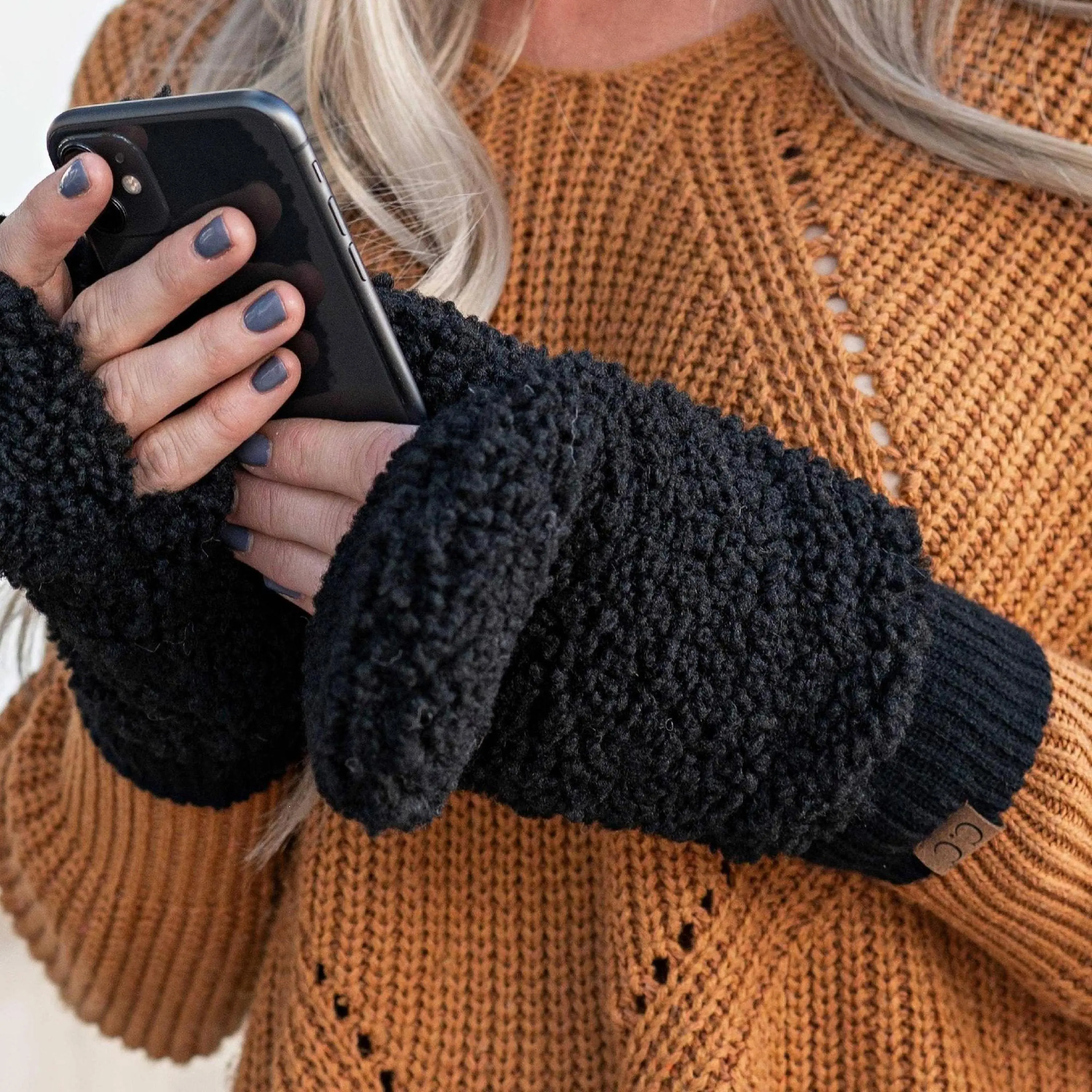 CC Soft Sherpa Mittens - Fold-Down Convertible Winter Mittens