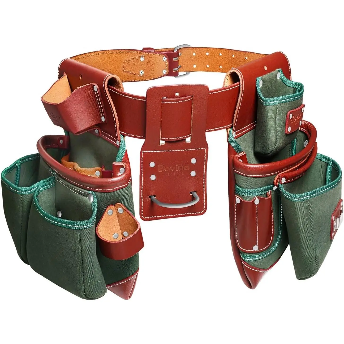 BOVINO LEATHER Heavy-Duty Nylon and Leather Tool Belt with 21 Pockets, Hammer Holder, Dual Pouches for Carpenters, Framers