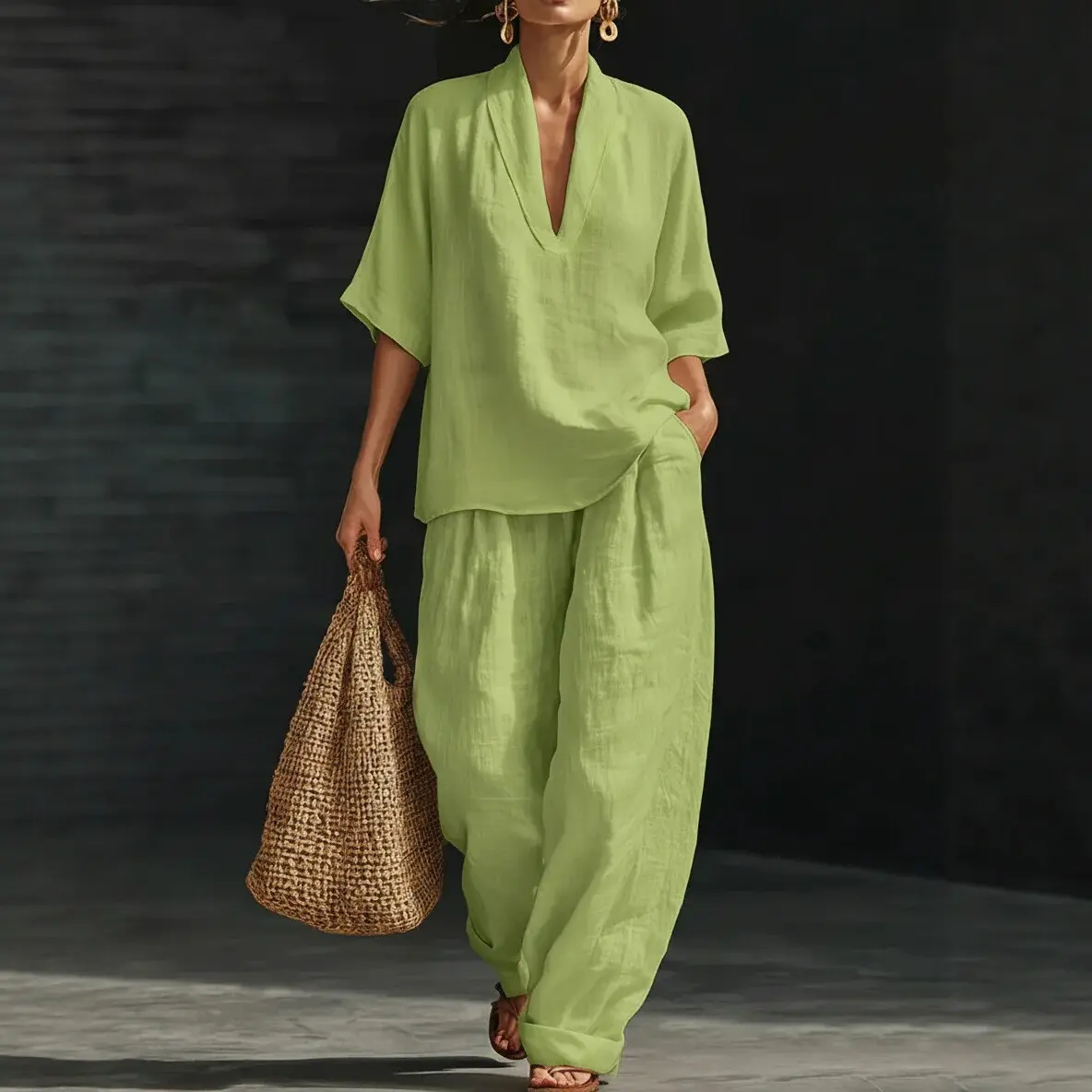 Women's 2-Piece Lounge Set, Chic Casual Linen-Look Quarter-Zip Pullover & Wide Leg Pants, Plus Size Cozy OOTD for Everyday Wear, Sizes S, M, L