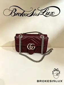 Pre-owned GUCCI GG Marmont Burgundy Chevron Leather Bag | Gold GG Logo & Chain, Everyday Crossbody