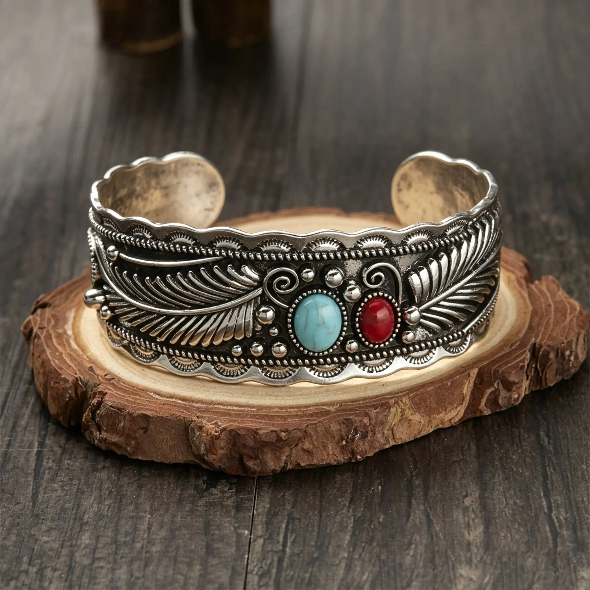 Elegant Silver Feather Cuff Bracelet with Turquoise and Red Stone Accents for Women's Fashion Jewelry